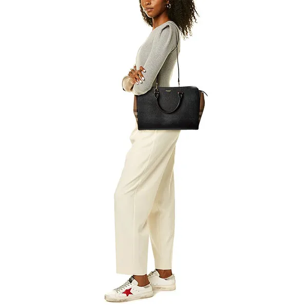 Túi Xách Tay Nữ Burberry Banwell Medium Leather & Check Canvas Satchel Màu Đen