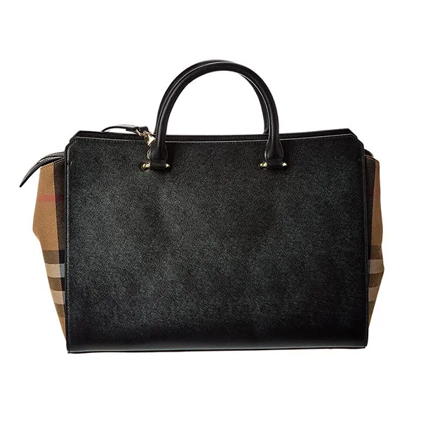 Túi Xách Tay Nữ Burberry Banwell Medium Leather & Check Canvas Satchel Màu Đen