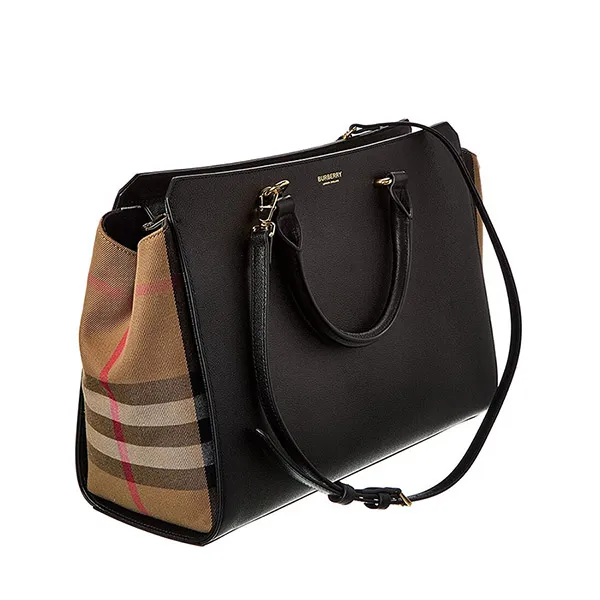 Túi Xách Tay Nữ Burberry Banwell Medium Leather & Check Canvas Satchel Màu Đen