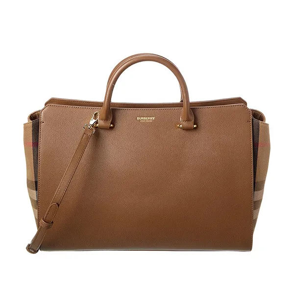 Túi Xách Tay Nữ Burberry Banwell Medium Leather & Check Canvas Satchel Màu Nâu