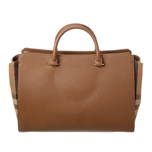 Túi Xách Tay Nữ Burberry Banwell Medium Leather & Check Canvas Satchel Màu Nâu