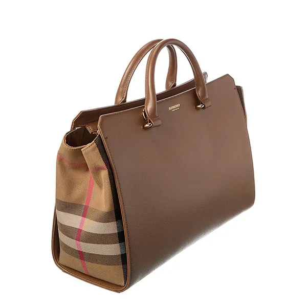 Túi Xách Tay Nữ Burberry Banwell Medium Leather & Check Canvas Satchel Màu Nâu