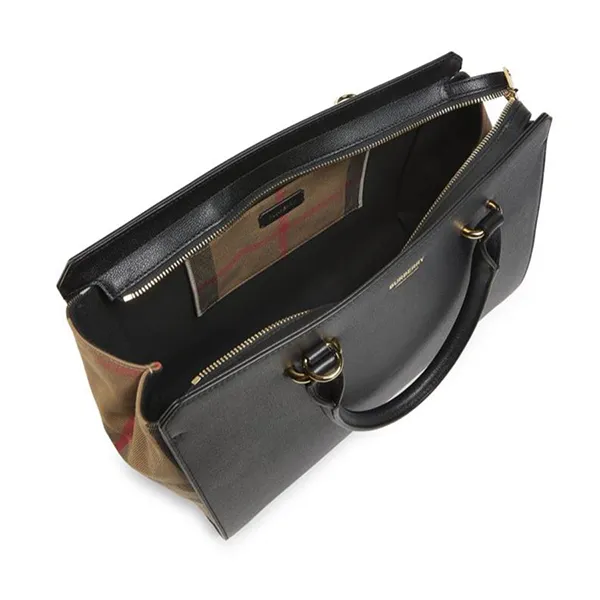 Túi Xách Tay Nữ Burberry Small Leather And Cotton Satchel Màu Đen