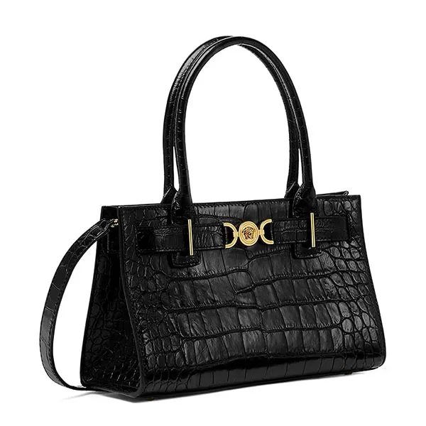 Túi Xách Tay Nữ Versace Medusa Crocodile Effect Handbag Màu Đen