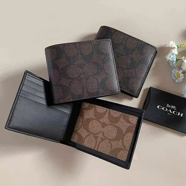 Ví Nam Coach 3 In 1 Wallet In Blocked Signature Canvas Màu Nâu
