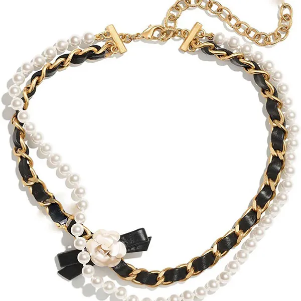 Vòng Cổ Nữ Chanel Double Pearl Camellia Necklace Female Metal Collocation Leather Personality Elegant Fair Maiden Màu Đen