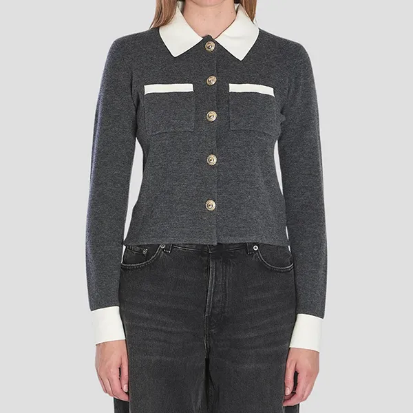 Áo Cardigan Nữ Self-Portrait Wool Blend With Contrasting Collar In Grey PF25-048C-GR Màu Xám Size XS