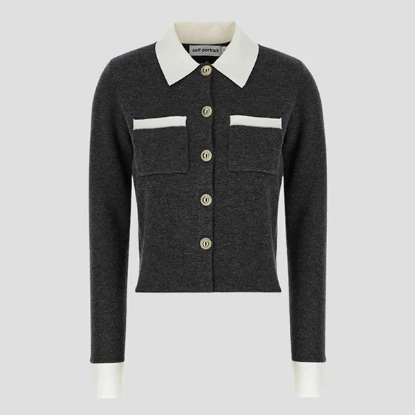 Áo Cardigan Nữ Self-Portrait Wool Blend With Contrasting Collar In Grey PF25-048C-GR Màu Xám Size XS