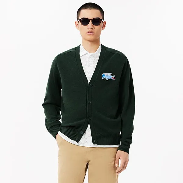 Áo Khoác Len Nam Lacoste Classic Fit V-Neck Wool Dark Green Cardigan AH3053 DCJ Màu Xanh Lá Size 3