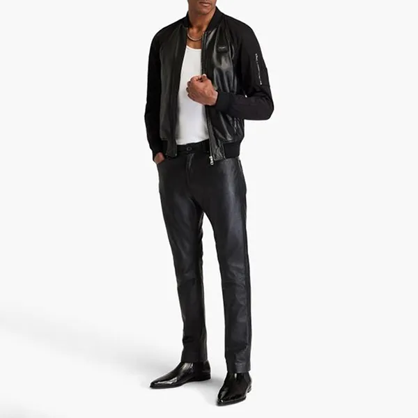 Áo Khoác Nam Dolce & Gabbana D&G Men's Black Shell Paneled Leather Bomber Jacket Màu Đen Size 44