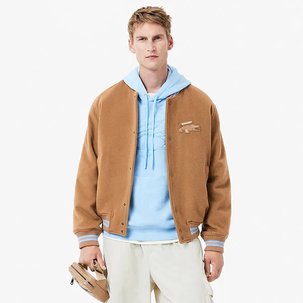 Áo Khoác Nam Lacoste Wool Crocodile Badge Bomber Jacket BH4307 SIX Màu Nâu Size 46
