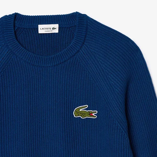 Áo Len Lacoste Classic Fit Ribbed Cotton Badge Sweater AH7742 HBM Màu Xanh Blue Size 2