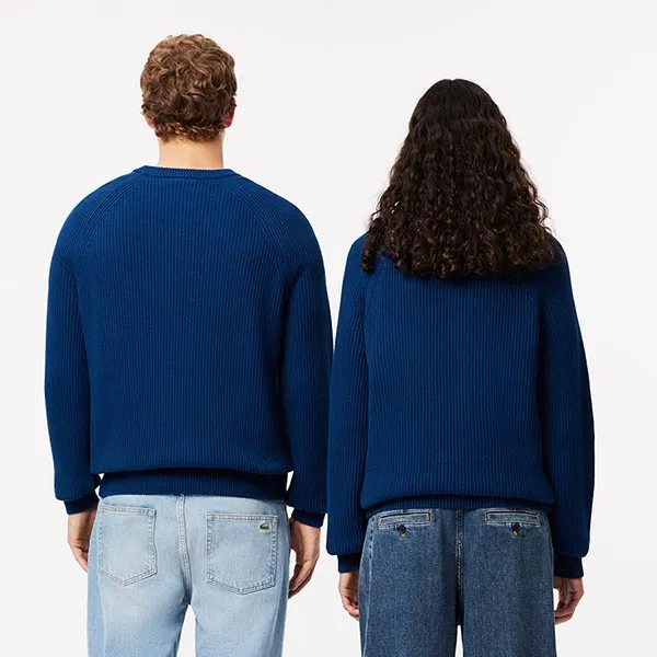 Áo Len Lacoste Classic Fit Ribbed Cotton Badge Sweater AH7742 HBM Màu Xanh Blue Size 2