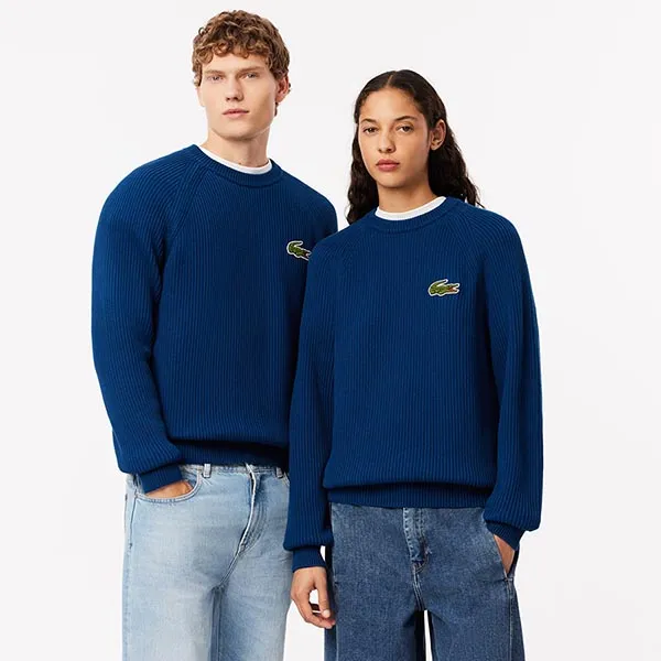 Áo Len Lacoste Classic Fit Ribbed Cotton Badge Sweater AH7742 HBM Màu Xanh Blue Size 2