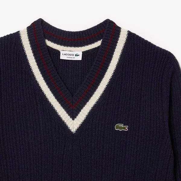 Áo Len Nam Lacoste Classic Fit Men's Tennis Style Wool Sweater AH3133 QRN Màu Xanh Navy Size 3