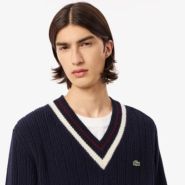 Áo Len Nam Lacoste Classic Fit Men's Tennis Style Wool Sweater AH3133 QRN Màu Xanh Navy Size 3
