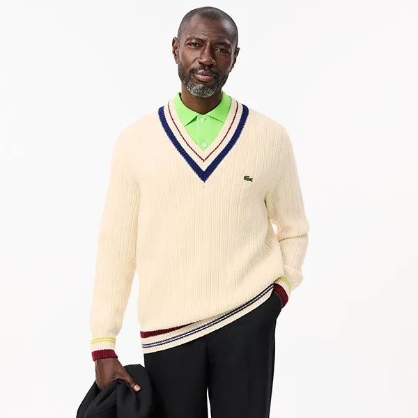 Áo Len Nam Lacoste Classic Fit Men's Tennis Style Wool Sweater AH3133 R1T Màu Trắng Kem Size 4