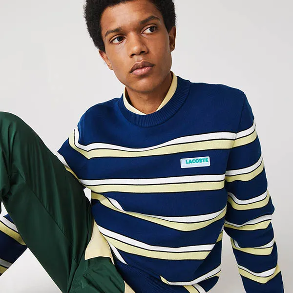 Áo Len Nam Lacoste Live Striped Cotton Crew Neck Sweater AH1208.E4X Màu Xanh Vàng Size 3
