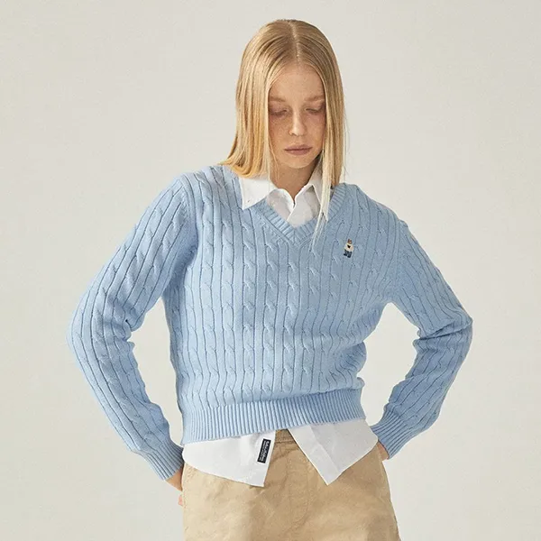 Áo Len Nữ WHOAU Steve V-neck Cable Sweater WHKAF1104F Màu Xanh Blue Size S