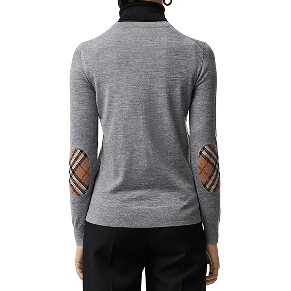 Áo Nỉ Nữ Burberry Bempton Gray Merino Wool Elbow Check Patches Pullover Sweater 8075015 Màu Ghi Xám Size M