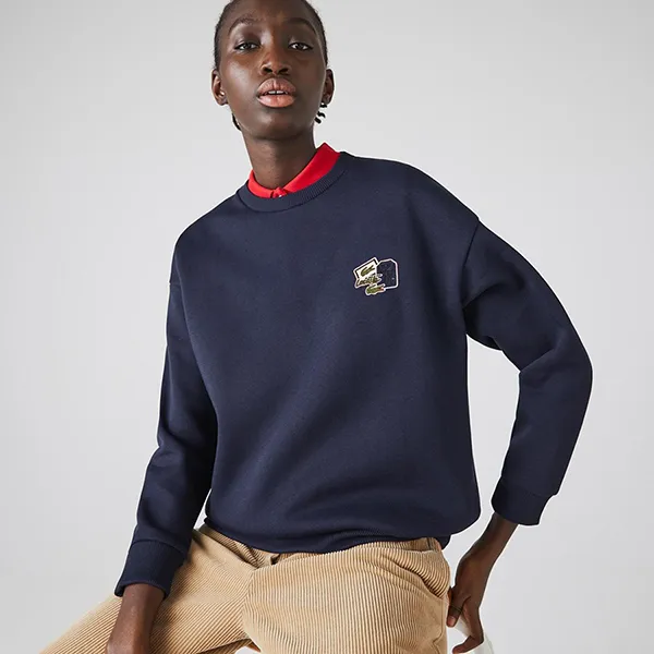 Áo Nỉ Sweater Nữ Lacoste Crew Neck Badge Fleece SF6501-166 Màu Xanh Navy Size 38