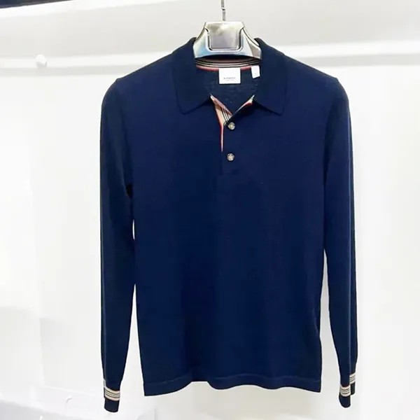 Áo Polo Dài Tay Nam Burberry Long Sleeve Icon Stripe Detail Merino Wool Shirt 80455201 Màu Xanh Navy Size XS