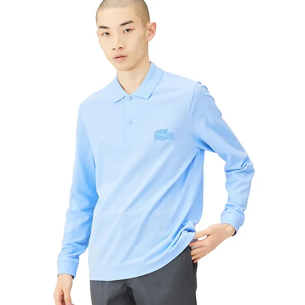 Áo Polo Dài Tay Nam Lacoste 3D Crocodile Logo Patch Long Sleeve Shirt PH6423-HBP Màu Xanh Dương Size 3