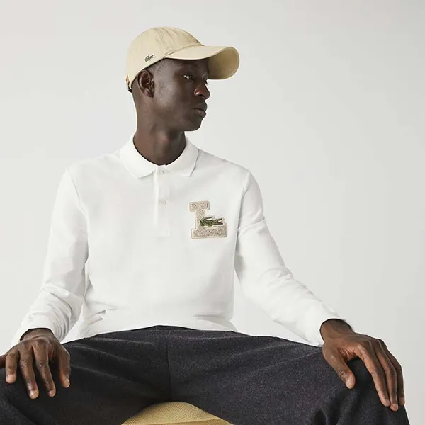 Áo Polo Dài Tay Nam Lacoste Long-Sleeve Regular Fit Badge PH1876L Màu Trắng Size 5