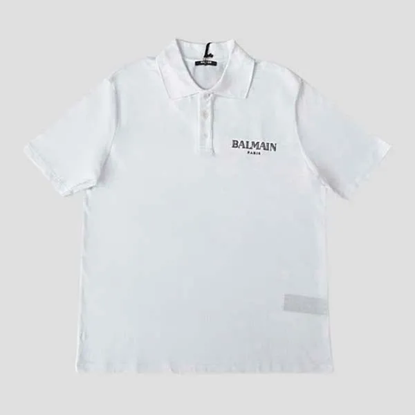 Áo Polo Nam Balmain White With Black Logo Printed DH0GC026 BC81 GAB Màu Trắng Size XS