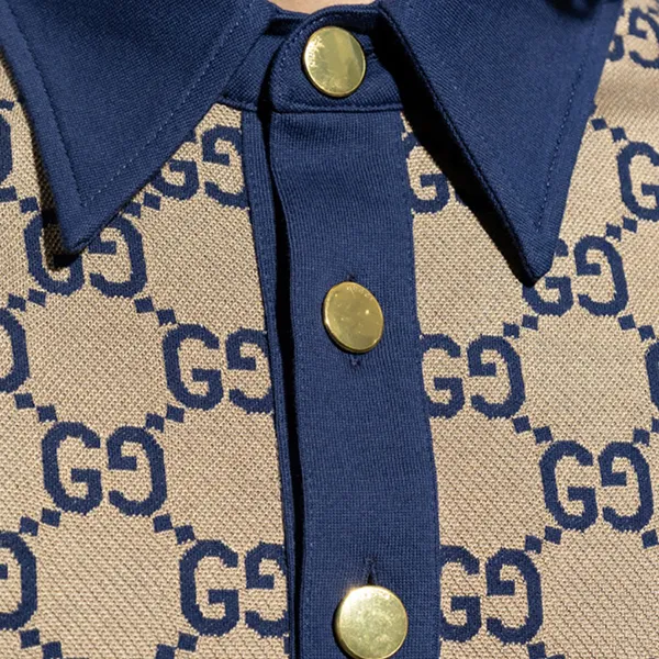 Áo Polo Nam Gucci Maxi GG Silk Cotton 'Beige Blue' Monogram 682015 XJD1F 2480 Màu Xanh Phối Be Size XS