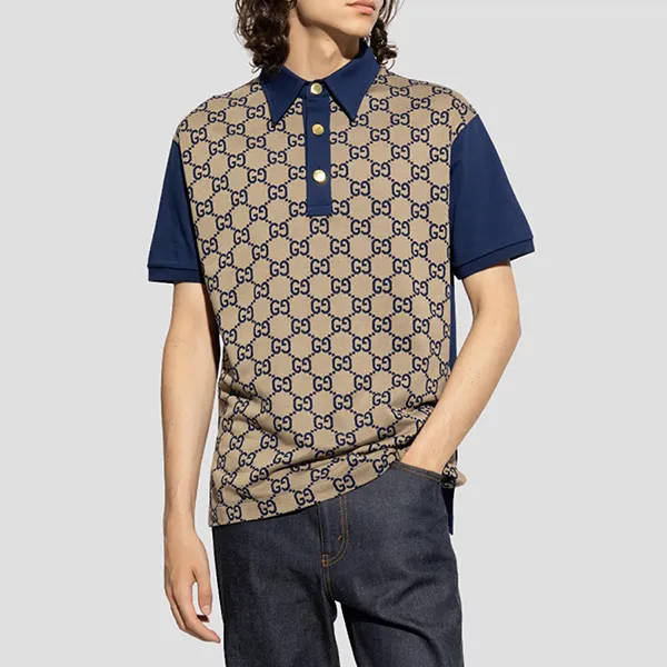 Áo Polo Nam Gucci Maxi GG Silk Cotton 'Beige Blue' Monogram 682015 XJD1F 2480 Màu Xanh Phối Be Size XS