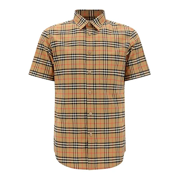 Áo Sơ Mi Cộc Tay Nam Burberry Short Sleeve Check Stretch Cotton Shirt Màu Beige Size XS