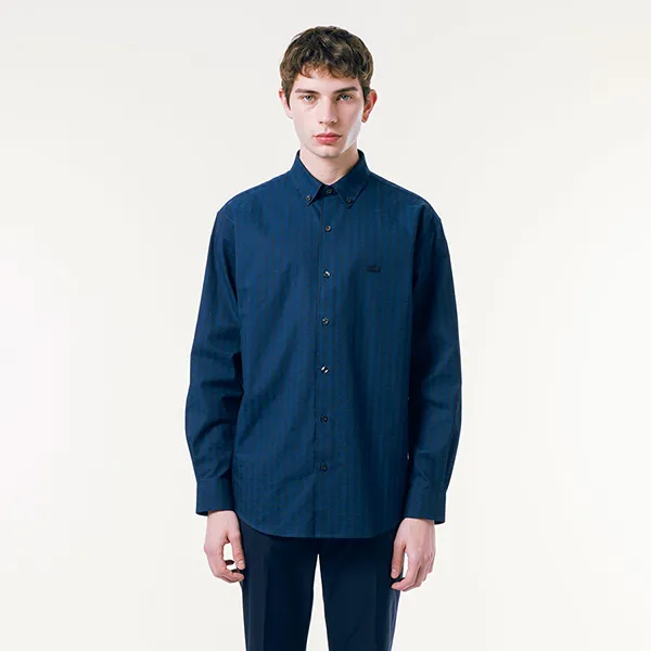 Áo Sơ Mi Dài Tay Nam Lacoste Tonal Monogram Button-Down Shirt CH4734 - 166 Màu Xanh Navy Size 38