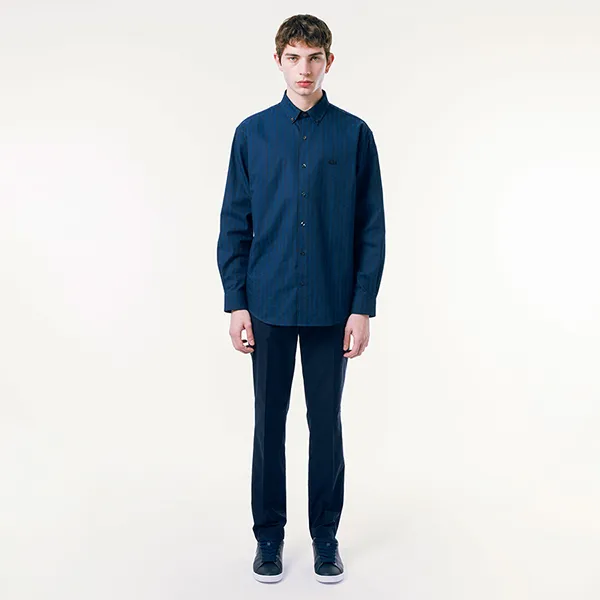 Áo Sơ Mi Dài Tay Nam Lacoste Tonal Monogram Button-Down Shirt CH4734 - 166 Màu Xanh Navy Size 38