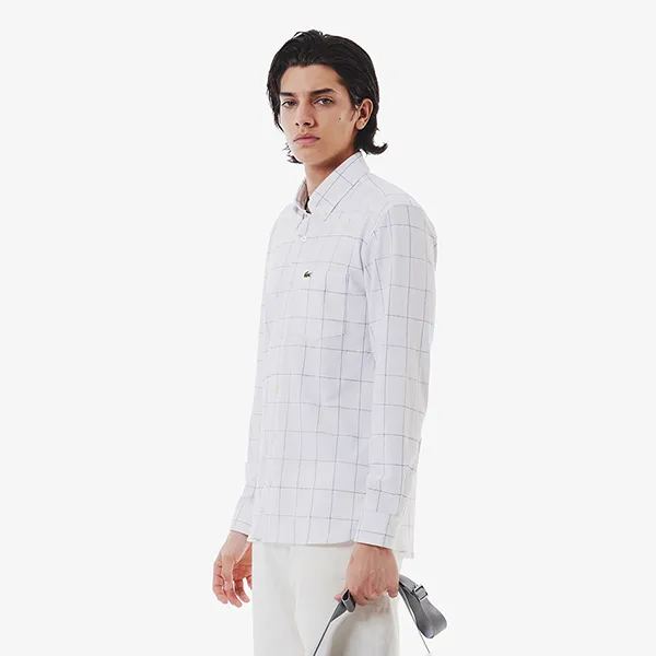 Áo Sơ Mi Tay Dài Nam Lacoste Men's Graph Check Jersey Button Down Shirt CH6416 - 031 Màu Trắng Kẻ Size 40