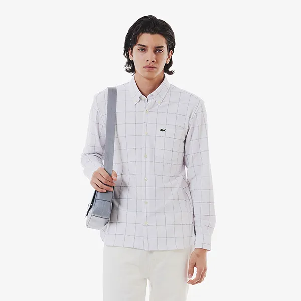 Áo Sơ Mi Tay Dài Nam Lacoste Men's Graph Check Jersey Button Down Shirt CH6416 - 031 Màu Trắng Kẻ Size 40