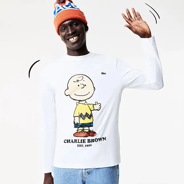 Áo Thun Dài Tay Nam Lacoste x Peanuts Men's Regular Fit Long Sleeve Crew Neck Printed T-Shirt TH7742 001 Màu Trắng Size 2