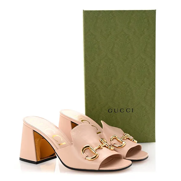 Dép Cao Gót Nữ Gucci Horsebit Rose Leather Sandals Mules Shoes Màu Hồng Phấn