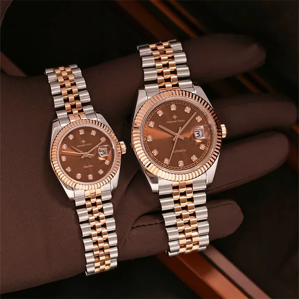 Đồng Hồ Đôi Alexander Ferros Automatic 8132D-08/8222D-08 Màu Bạc - Nâu