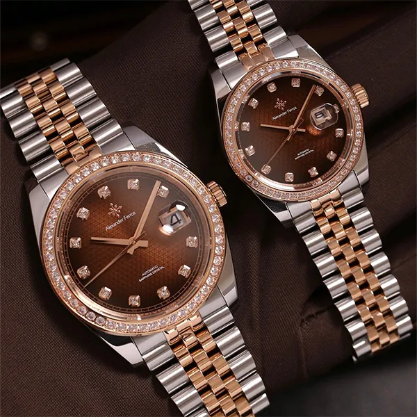 Đồng Hồ Đôi Alexander Ferros Automatic 8201D-08/8021D-08 Màu Bạc Nâu