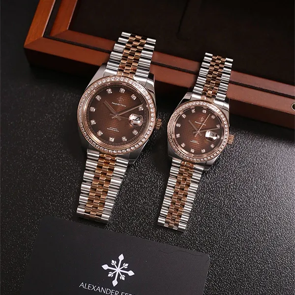 Đồng Hồ Đôi Alexander Ferros Automatic 8201D-08/8021D-08 Màu Bạc Nâu