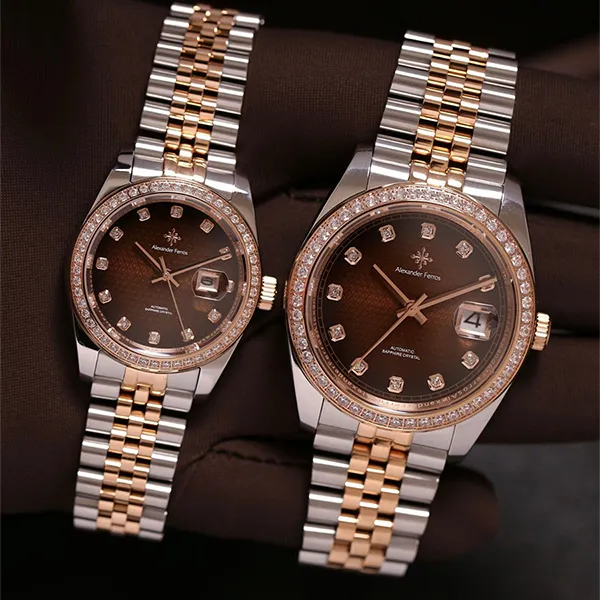 Đồng Hồ Đôi Alexander Ferros Automatic 8201D-08/8021D-08 Màu Bạc Nâu