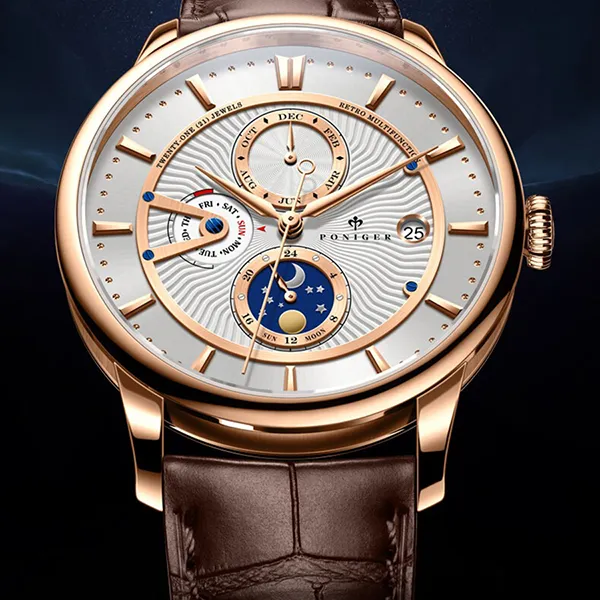 Đồng Hồ Nam Poniger P813G-D1 Automatic Màu Nâu - Vàng Hồng