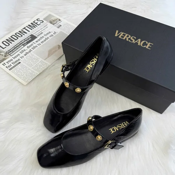 Giày Bệt Nữ Versace Metallic-Buckle Flat Retro Black Patent 1020751 1A10080 1B00V Màu Đen Size 35