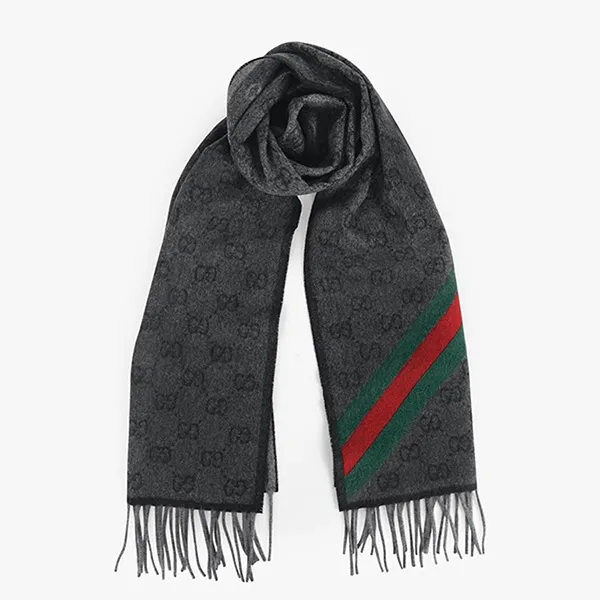 Khăn Quàng Cổ Gucci Logo GG Web Wool Scarf 570603 3G200 1466 Màu Xám Đen