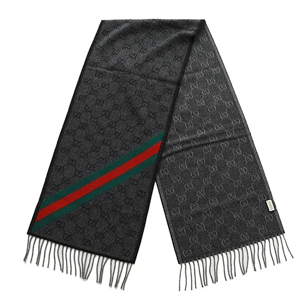 Khăn Quàng Cổ Gucci Logo GG Web Wool Scarf 570603 3G200 1466 Màu Xám Đen