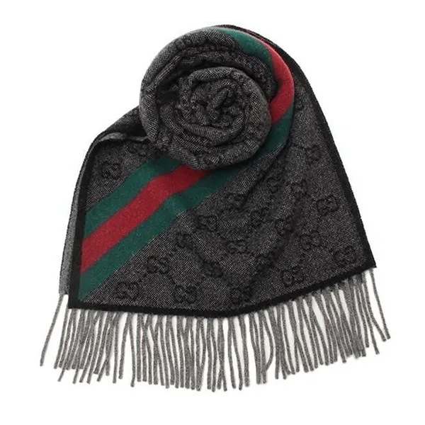 Khăn Quàng Cổ Gucci Logo GG Web Wool Scarf 570603 3G200 1466 Màu Xám Đen
