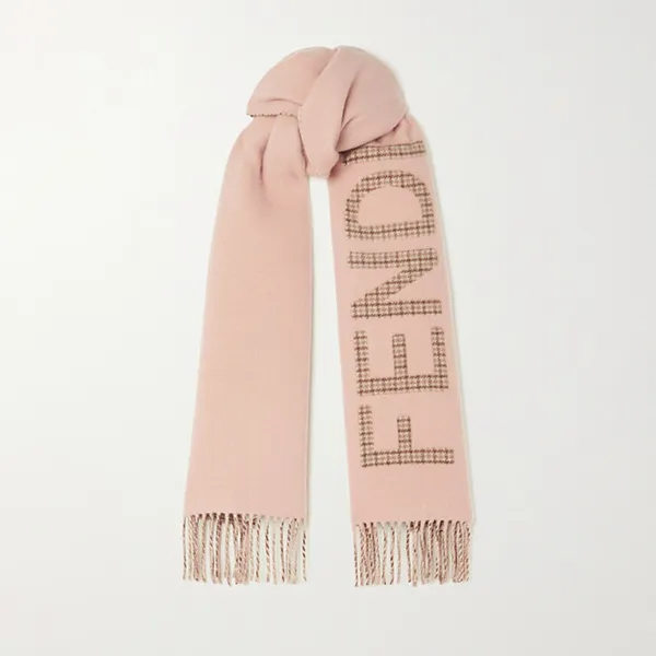 Khăn Quàng Cổ Nữ Fendi Fringed Logo Jacquard Wool And Cashmere Scarf Neutrals Màu Hồng