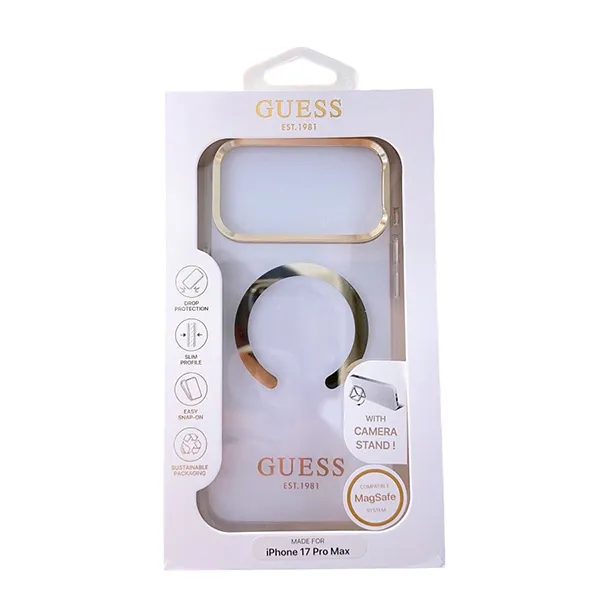Ốp Điện Thoại Guess Metal Outline MagSafe For iPhone 17 Pro Max Màu Trắng Trong/Vàng