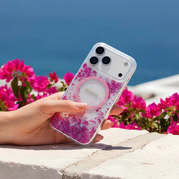 Ốp Điện Thoại Guess MagSafe Glitter Pattern Case For iPhone 17 Pro Max Màu Trắng Trong/Hồng